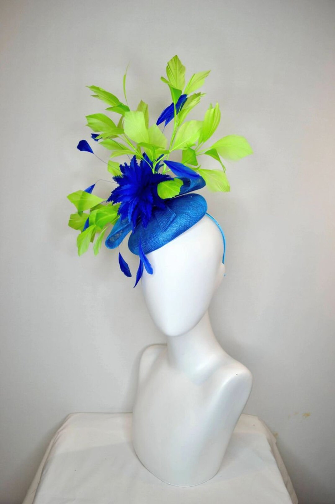 kentucky derby hat fascinator sinamay bright blue sinamay and matching feather flower with bright... | Etsy (US)