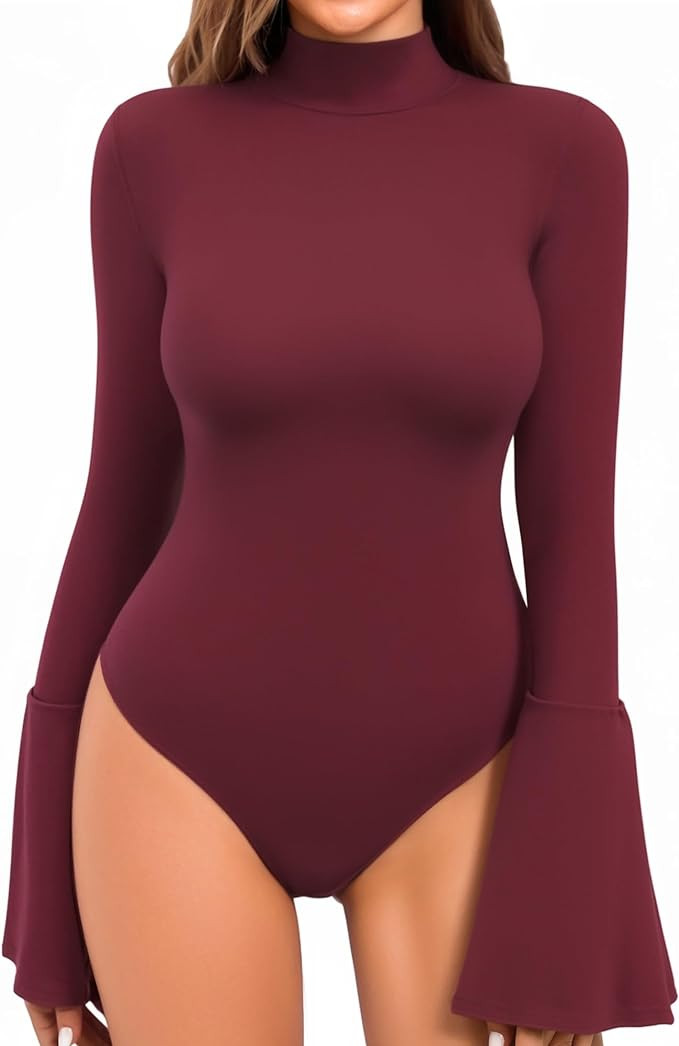 MANGOPOP Bell Sleeve Mock Neck Long Sleeve Bodysuit for Going Out Tops for Women | Amazon (US)