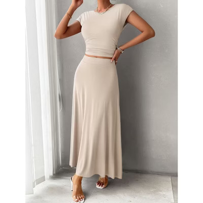 Women Two Piece Skirt Set Casual Crew Neck Short Sleeve Cropped Top Elastic Waist Swing Midi Skirts Apricot Small | Target