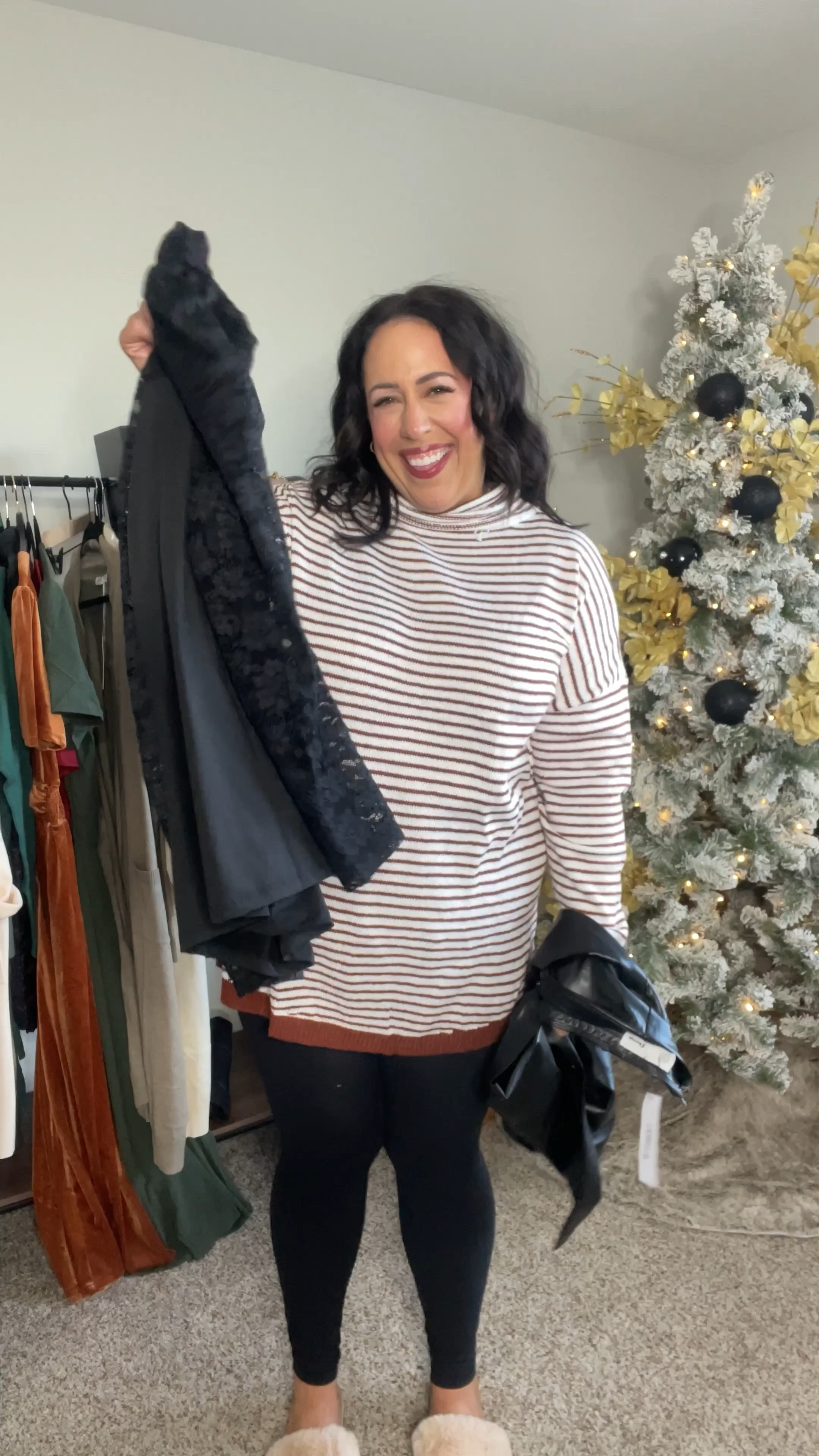 Holiday outfit featuring black outfit with Amazon skirt in size 2X! holiday outfit inspo, midsize outfit inspo, black lace top, leather mini skirt, black leather mini skirt, mini boots, sparkle boots, fall outfit inspo, date night outfit 

#LTKSeasonal #LTKStyleTip #LTKMidsize