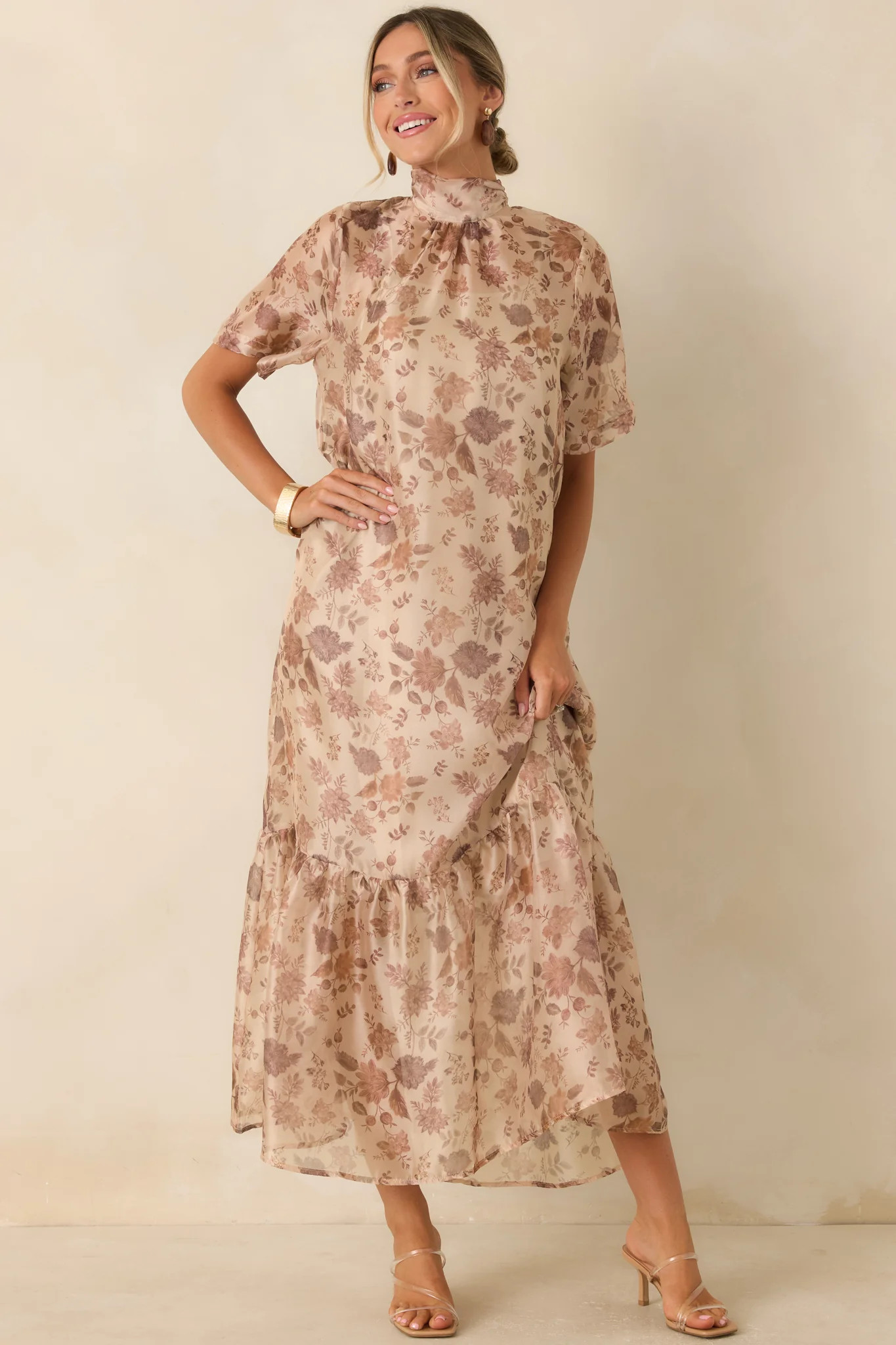 Whispered Intentions Ivory & Taupe Floral Tiered Maxi Dress | Red Dress