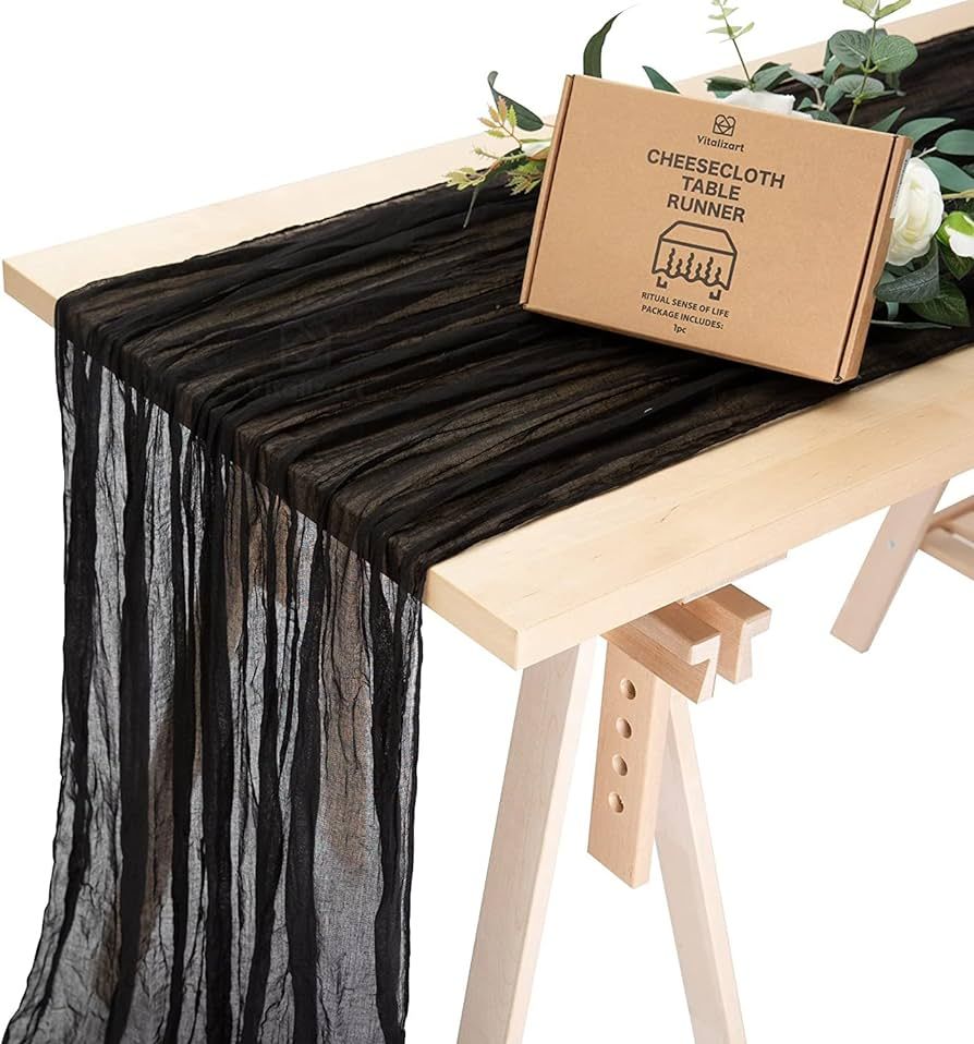 Vitalizart Black Cheesecloth Table Runner 35 x 120 Inches Gauze Tablecloth 10Ft Boho Rustic Decor... | Amazon (US)