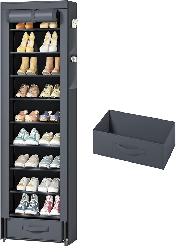 OYREL Shoes Rack 10 Tier Tall Narrow Shoe Rack with Bin Covered Shoe Shelf Storage Organizer Clos... | Amazon (US)