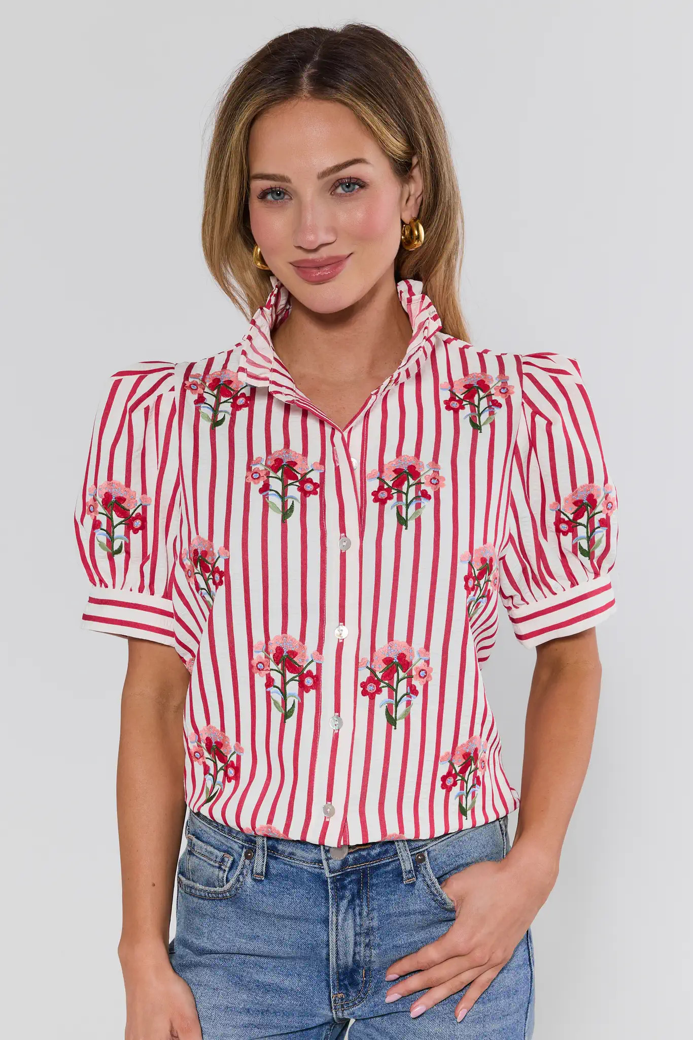 Ryan Red Striped Floral Embroidered Top | Avara