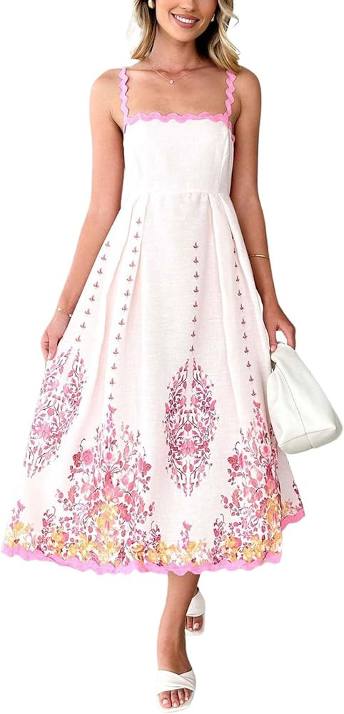 chouyatou Women's Spaghetti Strap Boho Floral RIC Rac Dress Back Tie Knot Cut Out Flowy Swing Lon... | Amazon (US)