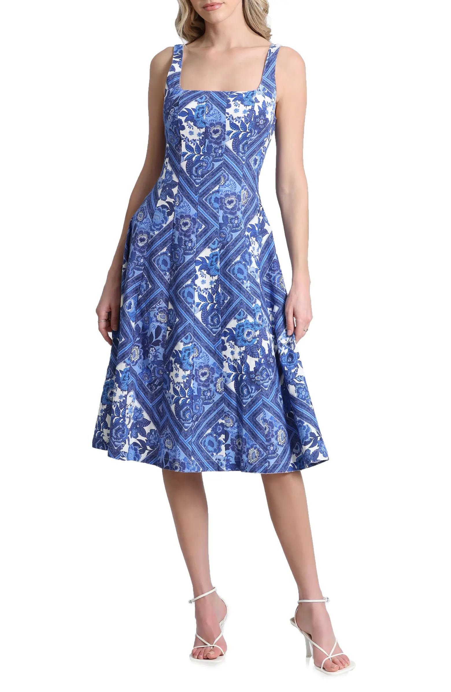Floral Linen Blend Fit & Flare Midi Dress | Nordstrom