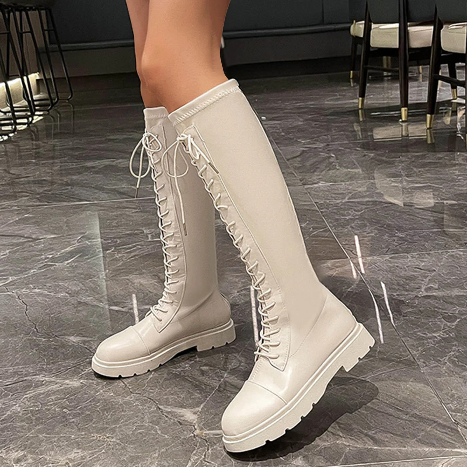 Womens Boots Women's Boots Solid Color Platform Lace Leather Up Fashion Boots women's boots Beige... | Walmart (US)