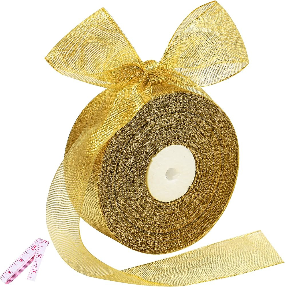 50 Yards Gold Glitter Ribbon 2 Inch, Sparkly Width Solid Fabric Ribbon for Gift Wrapping, Crafts,... | Amazon (US)