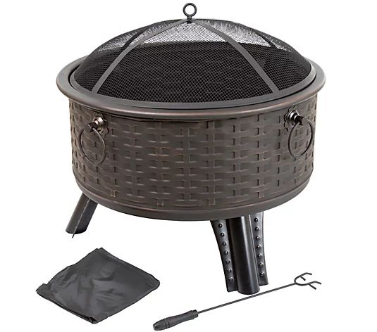 Pure Garden 26" Round Woven Metal Fire Pit withCover - QVC.com | QVC