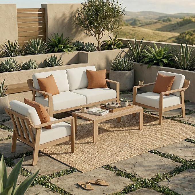 Amazon.com: KISLOT Aluminum Outdoor Patio Furniture Set with Coffee Table,4 Seater Patio Conversation Sets with Washable Thick Cushions,Outdoor Sectional Furniture Set for Poolside, Balcony,Wood-Grain Frame : Patio, Lawn & Garden | Amazon (US)