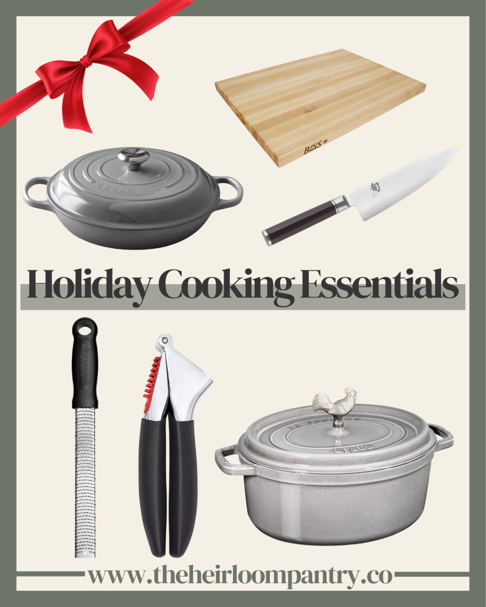 Holiday cooking essentials, including Le Creuset braiser, Boos block cutting board, Shun chefs knife, micro plane grater, garlic press, & Staub dutch oven. #holidaycooking #kitchen #kitchenessentials #lecreuset #staub #williamssonoma

#LTKHoliday #LTKGiftGuide #LTKSeasonal