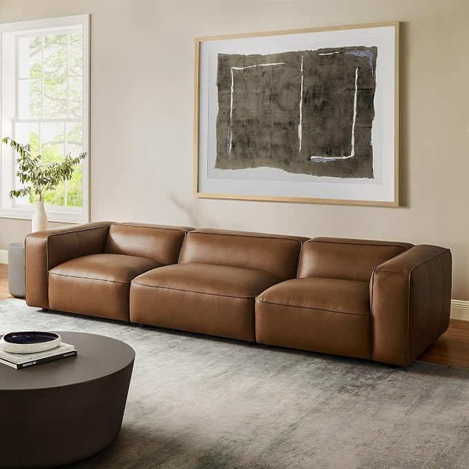 Modway Auren Vegan Leather 3 Piece Modular Sofa in Coffee - Faux Leather 3 Seater Couch - Comfy M... | Amazon (US)