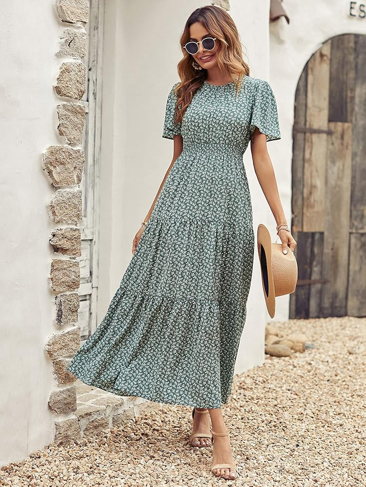 Floerns Women's Boho Ditsy Floral Short Sleeve A Line Flared Midi Dress | Amazon (US)