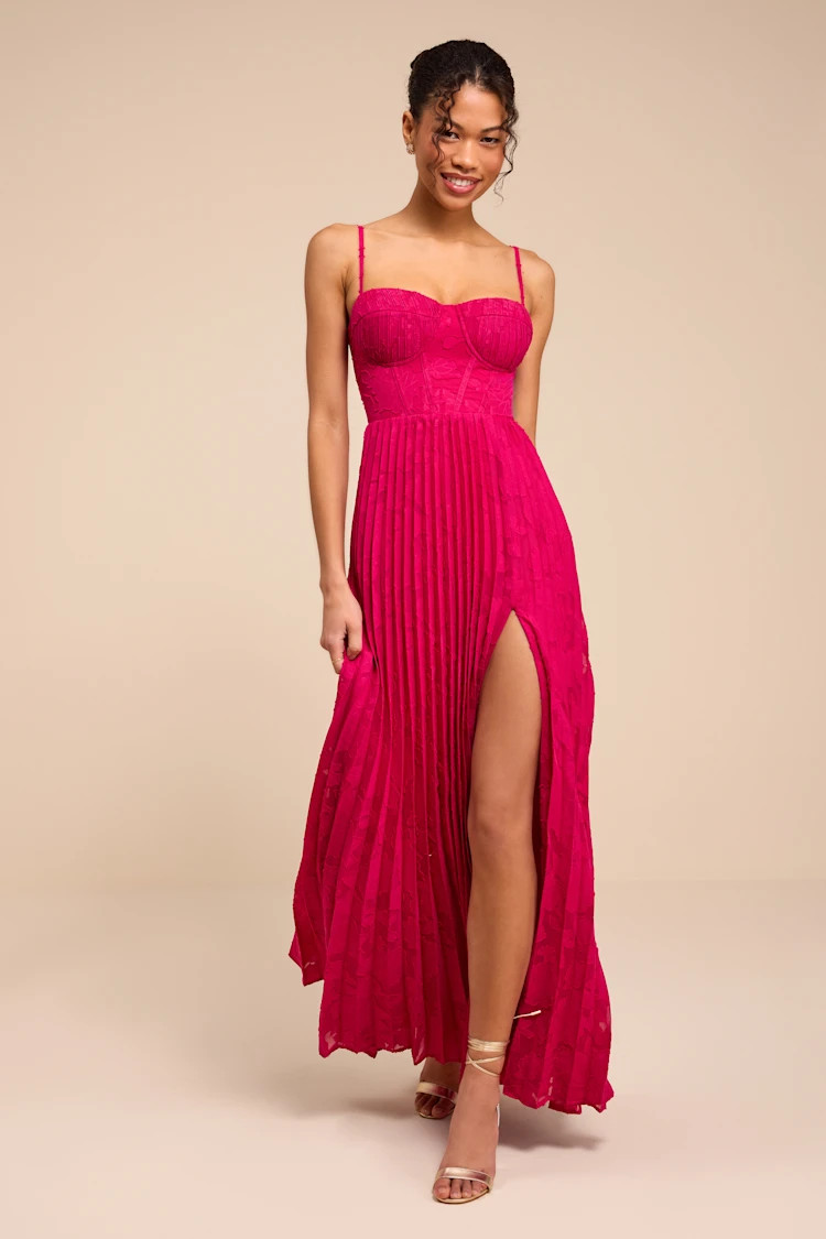 Dacie Fuchsia Floral Burnout Pleated Bustier Maxi Dress | Lulus