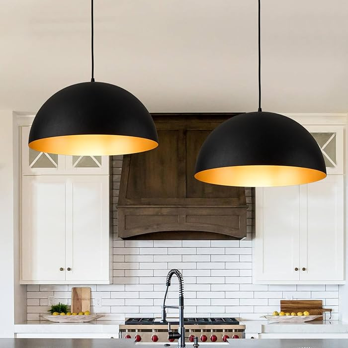 Industrial Pendant Lighting for Kitchen Island, 16 Inch Black and Gold Metal Dome Pendant Light F... | Amazon (US)