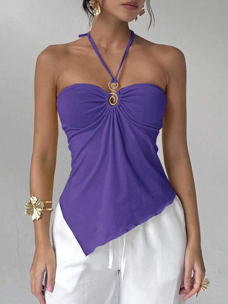 Aloruh Women's Solid Color Casual Asymmetric Hem Tie-Neck Backless Blouse | SHEIN