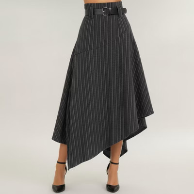 Anna-Kaci Women's Asymmetrical Pinstripe Midi Skirt with High Waist and Tailored Draping - Small, Black | Target