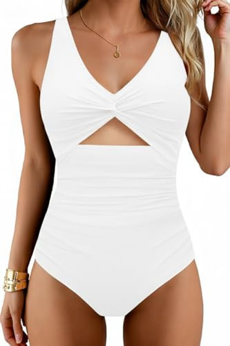 Tempt Me Women White One Piece Swimsuits Tummy Control Cutout Bathing Suits Ruched V Neck Twist Front Swimwear L | Amazon (US)