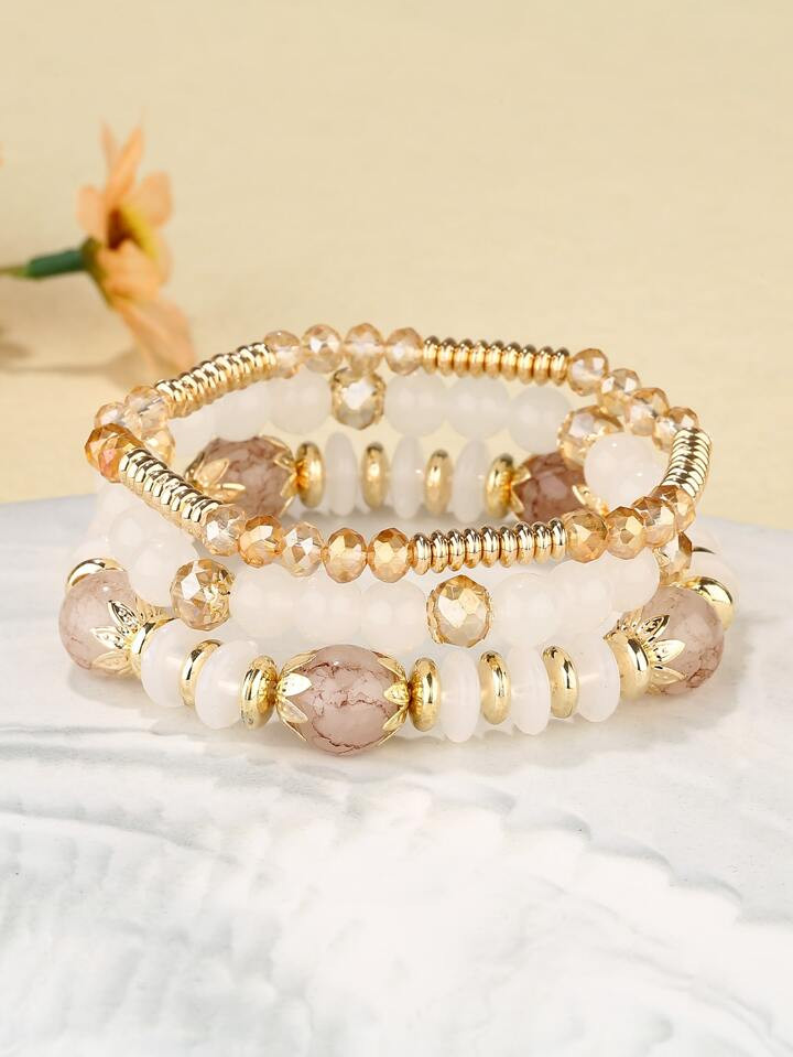 3pcs/set Crystal Beaded Bracelet Boho Faux Agate Pearl Tassel Chain Charm Beaded Bracelet Jewelry... | SHEIN