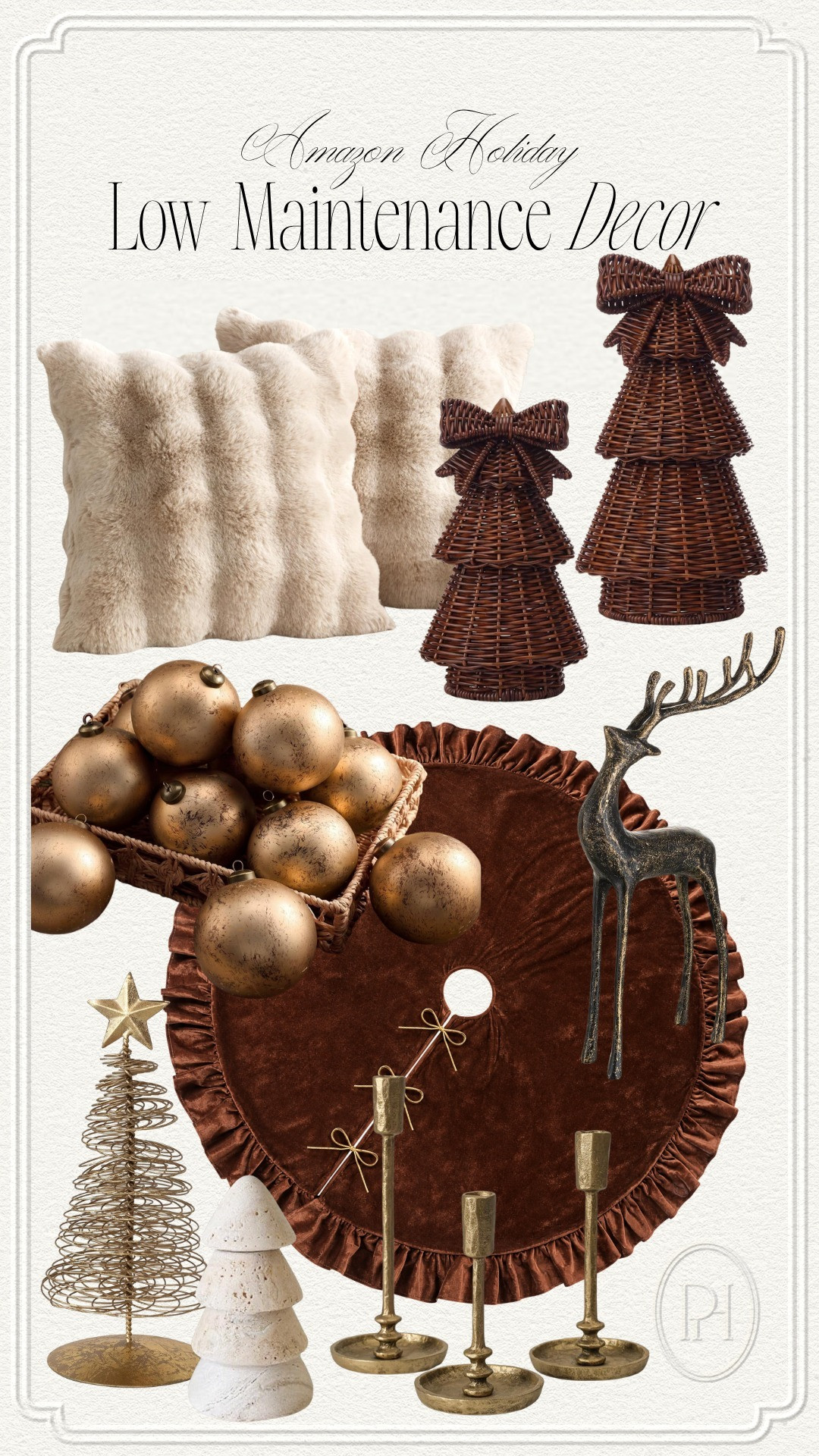 Amazon holiday decor finds that easily add a little touch of magic to your space this holiday season!

Christmas decor, holiday decor, faux fur throw pillows, wicker Christmas tree, gold Christmas tree, stone Christmas tree, Christmas tree figurines, gold candlesticks, brass candlesticks, candle holders, gold ornaments, metallic ornament, brown tree skirt, velvet tree skirt, minimalist Christmas decor, neutral Christmas decor, reindeer  

 #LTKSeasonal #LTKHome