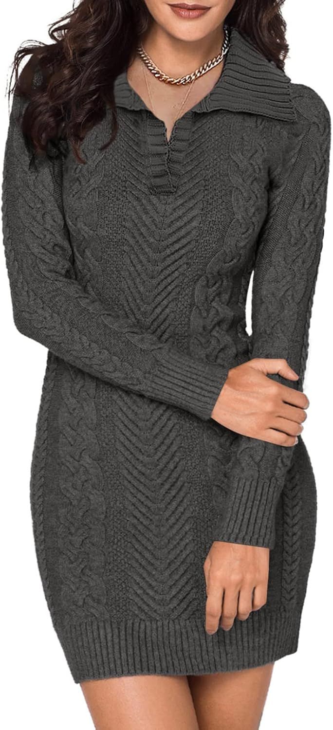 BLENCOT Womens V Neck Elasticity Slim Dress Chunky Cable Knit Pullover Sweaters Jumper S-XL | Amazon (US)