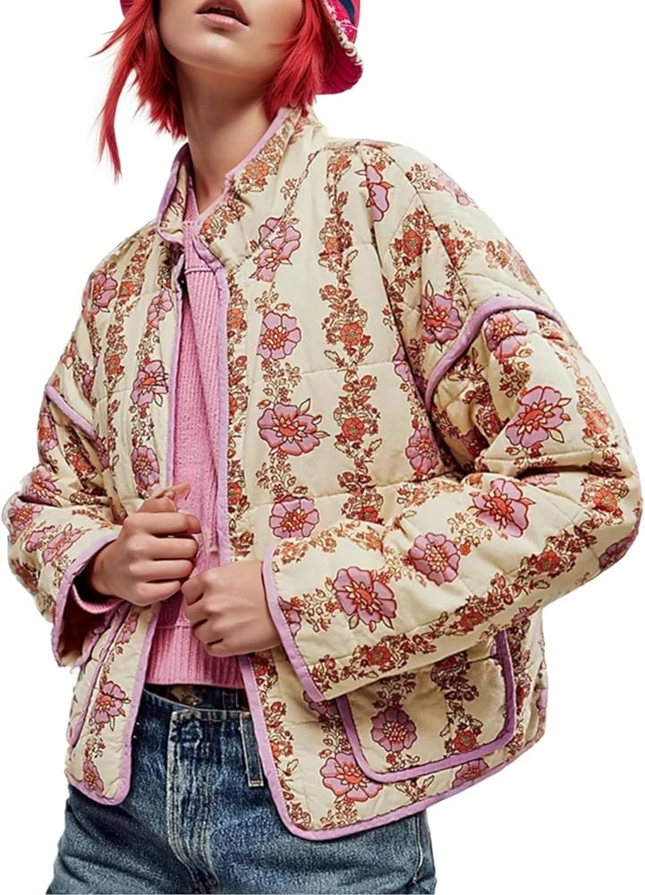 Women's Cropped Floral Puffer Jacket Cardigan Printed Lightweight Open Front Padded Quilted Coats | Amazon (US)