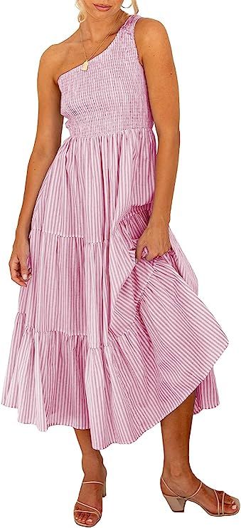 BTFBM Women One Shoulder Sleeveless Casual Summer Dresses Smocked High Waist Floral Print Boho Pl... | Amazon (US)
