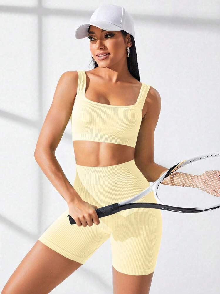 SHEIN Cheerettes Activewear Set/Ribbed Pattern/Biking Fitness/Deep U Back/High Waist Tummy Control/Butt Lifting Yellow Workout Set Butter Yellow Workout Set Yellow Athletic Set Yellow Yoga Set Two Piece Workout Set Ribbed Workout Set Two Piece Tennis Set | SHEIN