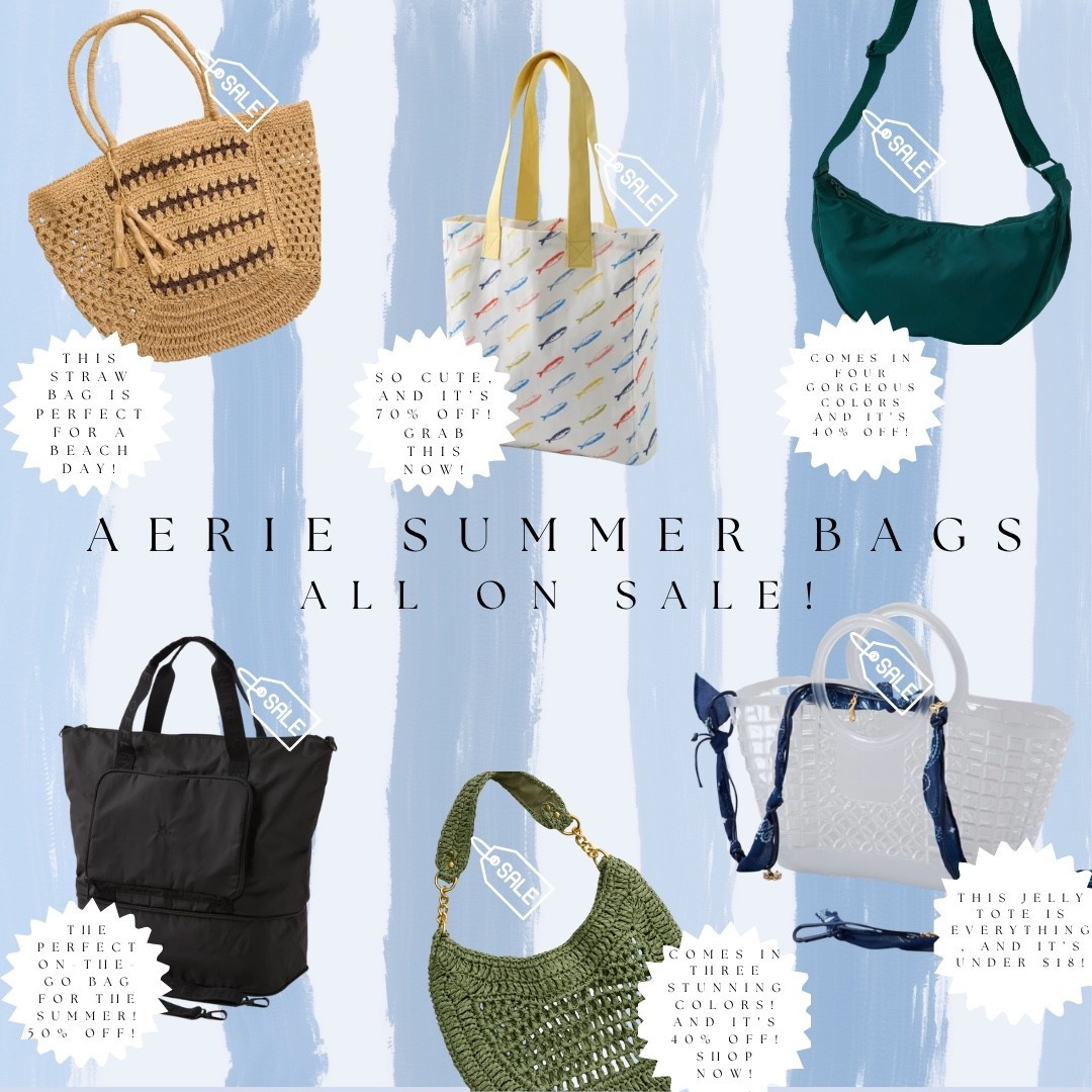 Aerie’s summer bags are ALL on sale and I’m stocking up 👜 The fish print tote is 70% off, the crossbody comes in four colors and is 40% off, the travel tote is 50% off, and the jelly tote is under $18. All linked!

#LTKdayinmylife #LTKgrwm #LTKootd