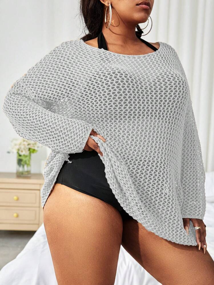 SHEIN Swim Curve Plus Size Hollow Knit Beach Cover-Up Dress For Vacation, Beach & Pool For Summer Beach Vacation | SHEIN