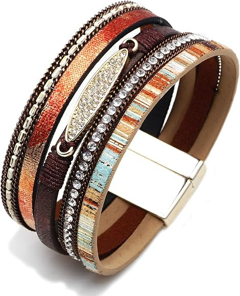 MallDou Jewelry Tree of Life Wrap Boho Leather Wide Cuff Handmade Wristbands Braided Magnetic Buc... | Amazon (US)
