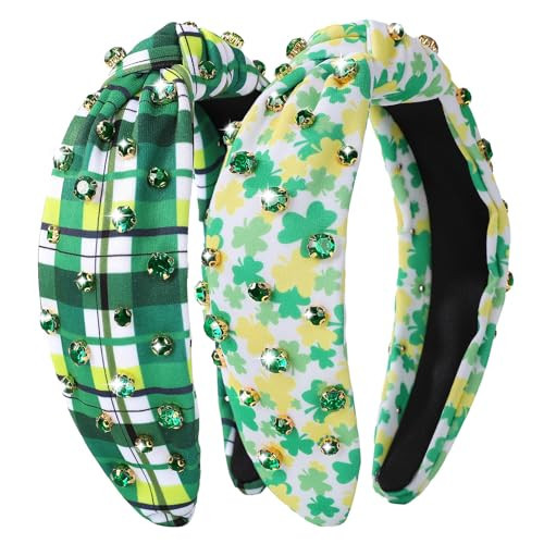 IDDFEVE 2Pcs St. Patrick's Day Headband for Women - Rhinestone Knotted Design with Irish Shamrock Hair Hoop, Leprechaun Holiday Wide Hair Accessory with Jeweled Crystal (Green Plaid) | Amazon (US)