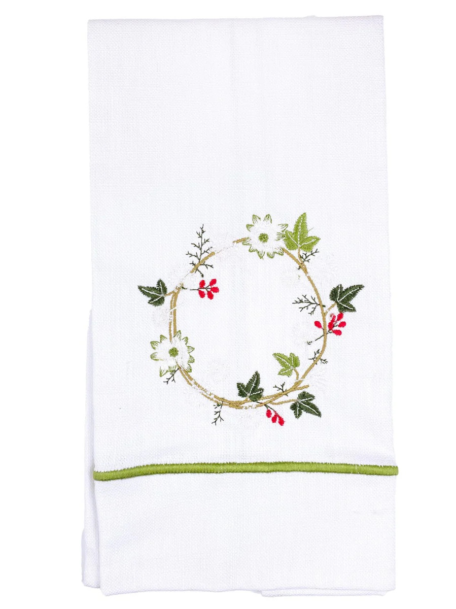 Ivy & Holly Wreath (Green) Satin Stitch Guest Towel | Jacaranda Living