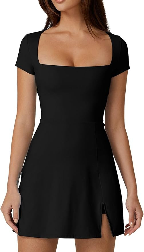 QINSEN Womens Square Neck Tennis Dress Short Sleeve Built in Shorts Golf Athletic Dress with Pock... | Amazon (US)