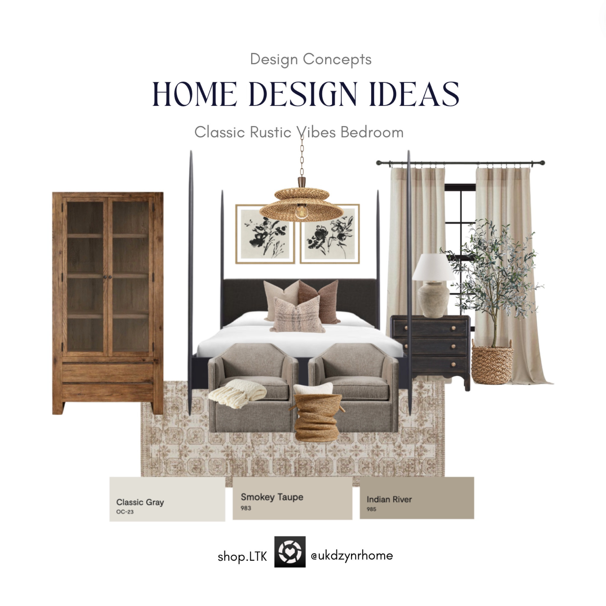 Classic Bedroom with Rustic Vibes | Love the warm neutral tones and textures in this design concept  | Rustic Bedroom | Bed-frame | Black Nightstand | Rustic Natural Wood Display Cabinet | Book Cabinet | Neutral Rug | Accent Chairs | Table Lamps | Bedroom Lighting | Floral Artwork | neutral Throw Pillows | Drapes | Crate & Barrel | Wayfair | Lamps Plus | Birch Lane

#LTKHome #LTKStyleTip