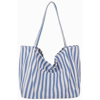 canvas tote bag for women, beach striped medium size shoulder bag with pocket, college everyday c... | Amazon (US)