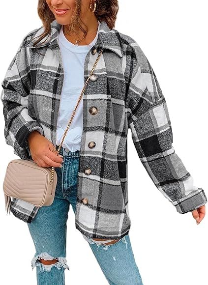 Dokotoo Women's 2021 Fashion Plaid Button Down Lapel Collar Shacket Jacket Coat Outerwear | Amazon (US)