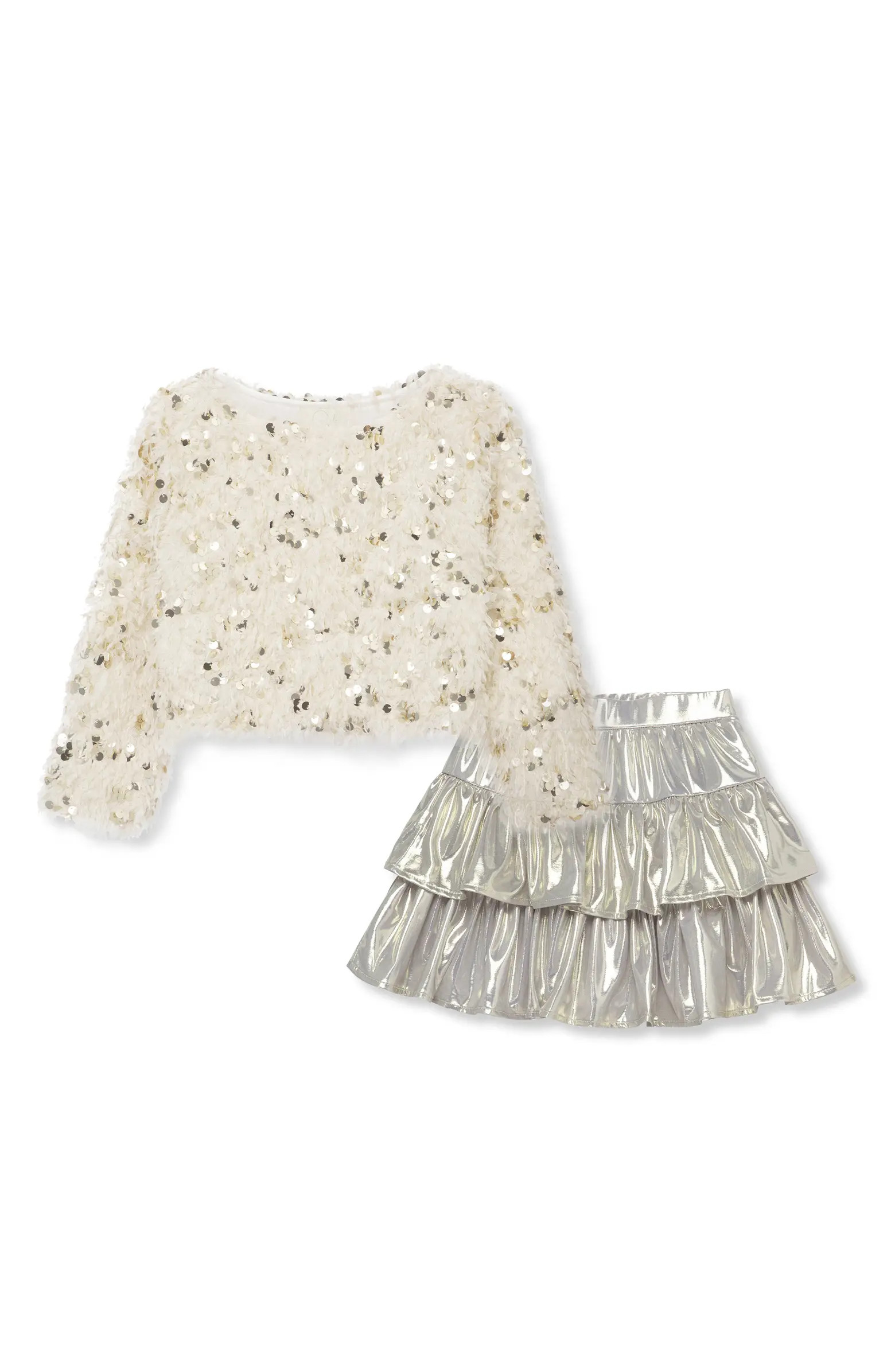 Peek Aren't You Curious Kids' Ruffle & Sequin Top & Metallic Tiered Skirt Set | Nordstrom | Nordstrom