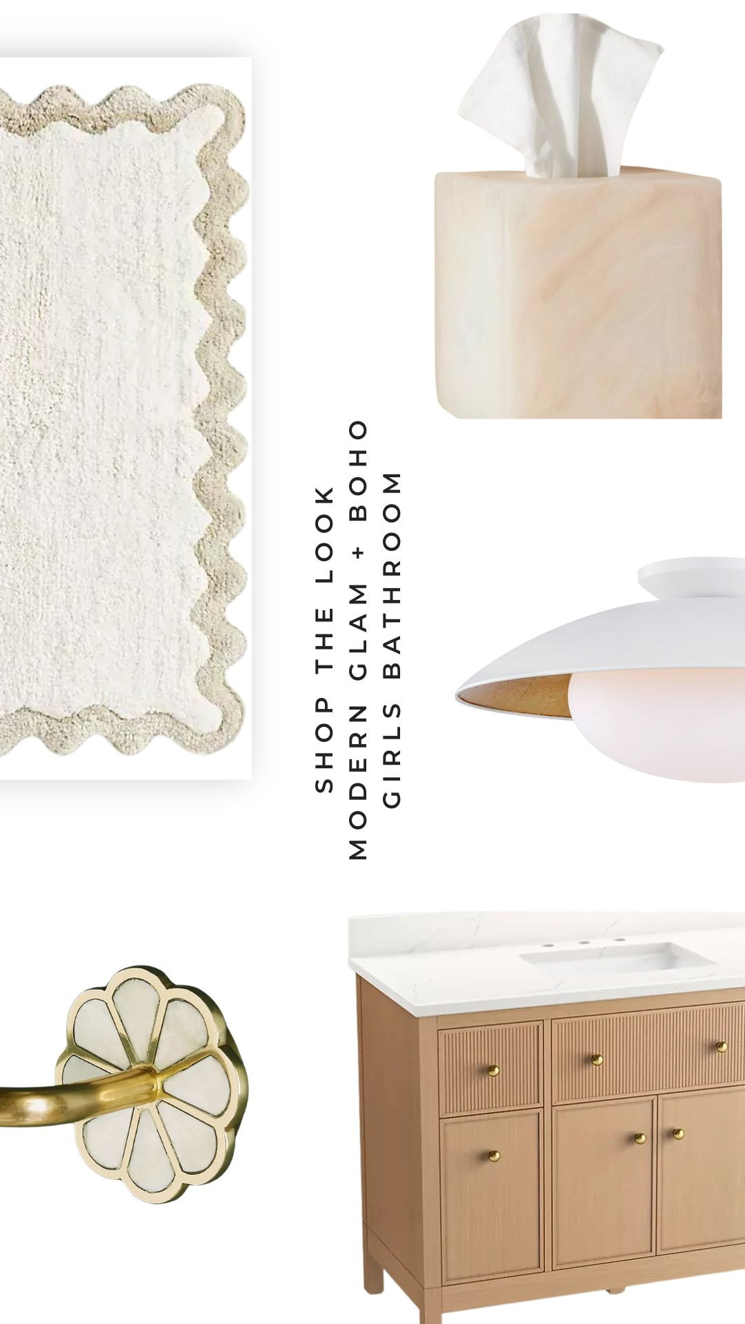 This modern glam meets boho teen girls bathroom is full of playful touches and grown-up style. From the floral brass hardware to the fluted vanity and scalloped rug, it’s a layered look with personality and polish.

 #bohobathroomdecor #glambathroomstyle#girlsbathroomideas #bathroominspo 

 #LTKHome #LTKFindsUnder50 #LTKFindsUnder100