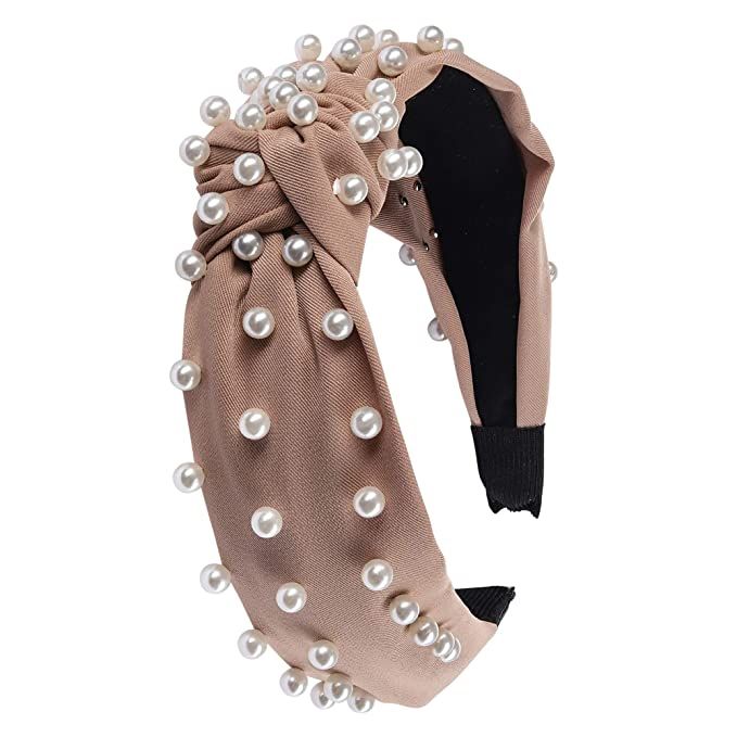 Somewhere Haute Ladies Beige Satin With Pearls Top-knot Headband (Satin Beige) | Amazon (US)