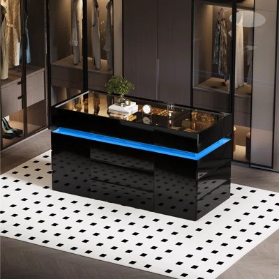 Multi-functional Closet Island with 17 Drawers, Wardrobe Dresser with Tempered Glass-top, Adjustable LED Lights, White & Black | Wayfair North America