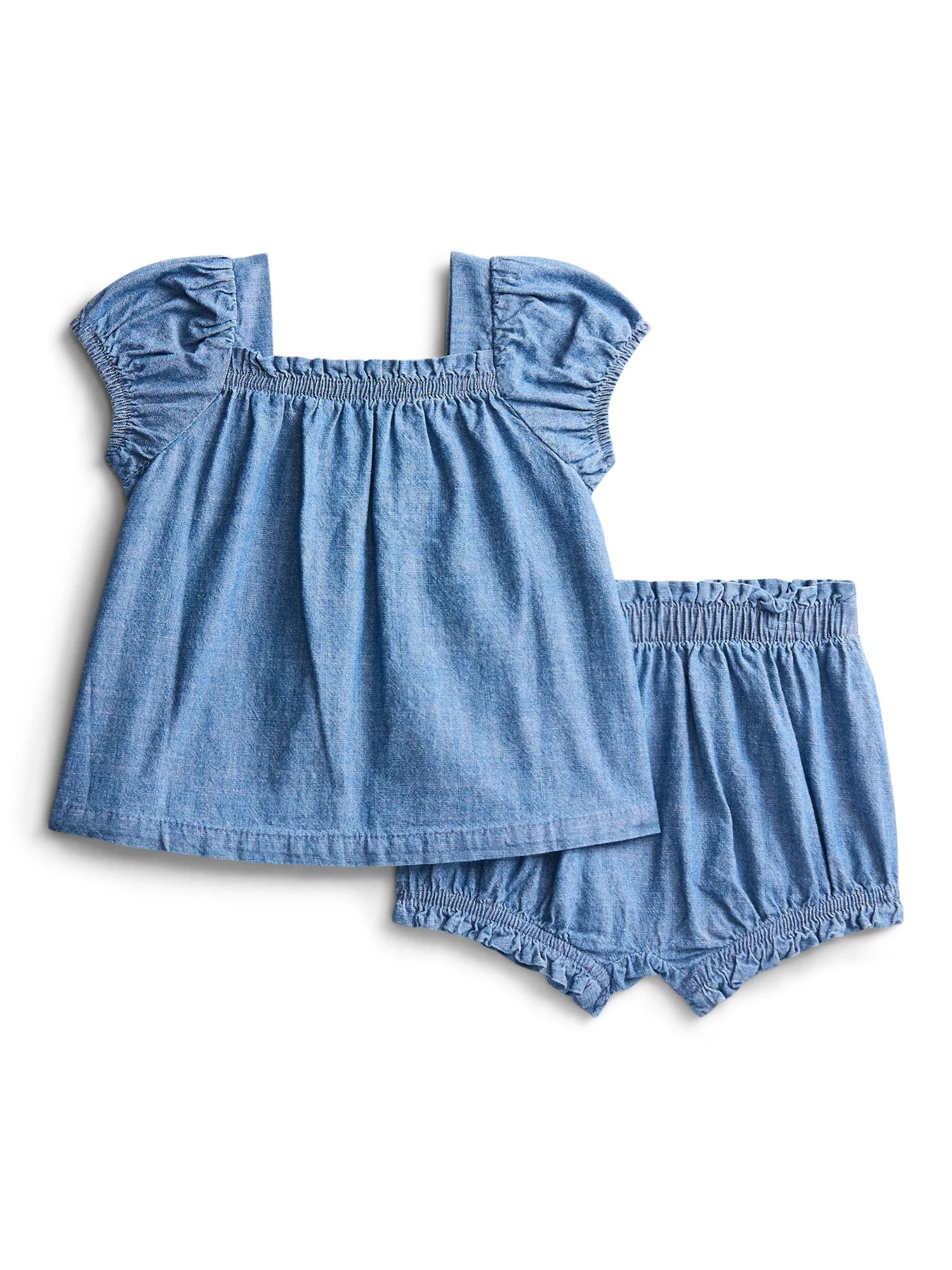 Wonder Nation Baby Girls Cotton Denim Puff Sleeve Top and Bloomer Shorts Set, 2-Piece, Sizes 0/3M... | Walmart (US)