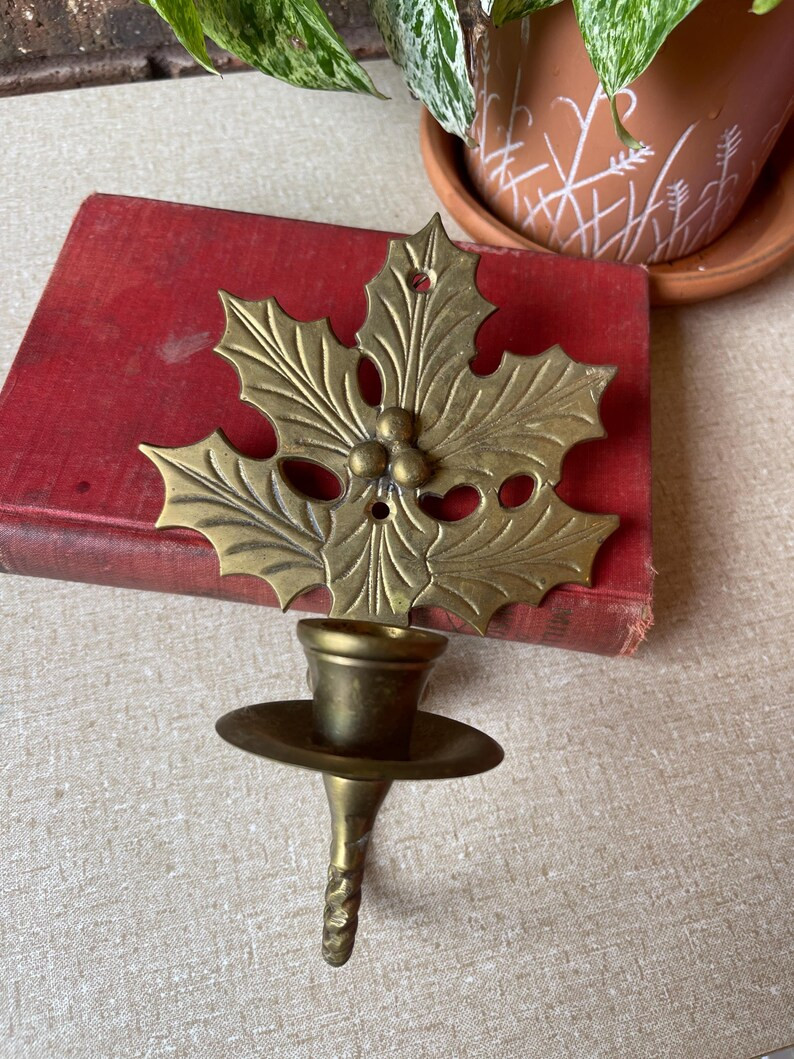 Vintage MCM Solid Brass Holly Leaf Candle Wall Sconce Christmas Winter Decor - Etsy | Etsy (US)
