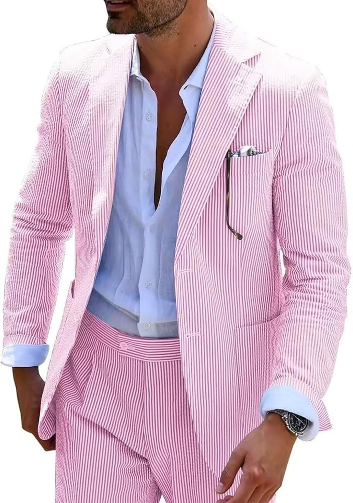 Mens Seersucker Suit Slim Fit Suits for Men Summer Striped Wedding Prom Party Dinner 2 Piece Dail... | Amazon (US)