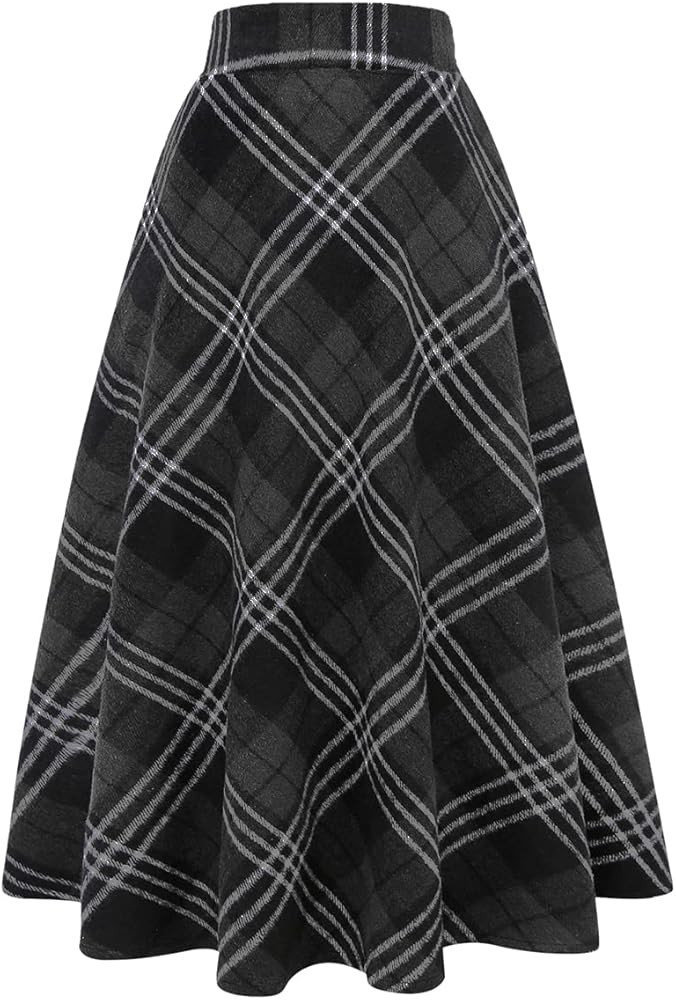IDEALSANXUN Womens Plaid Wool Skirts Elastic Waist A-Line Pleated Tartan Long Skirts | Amazon (US)