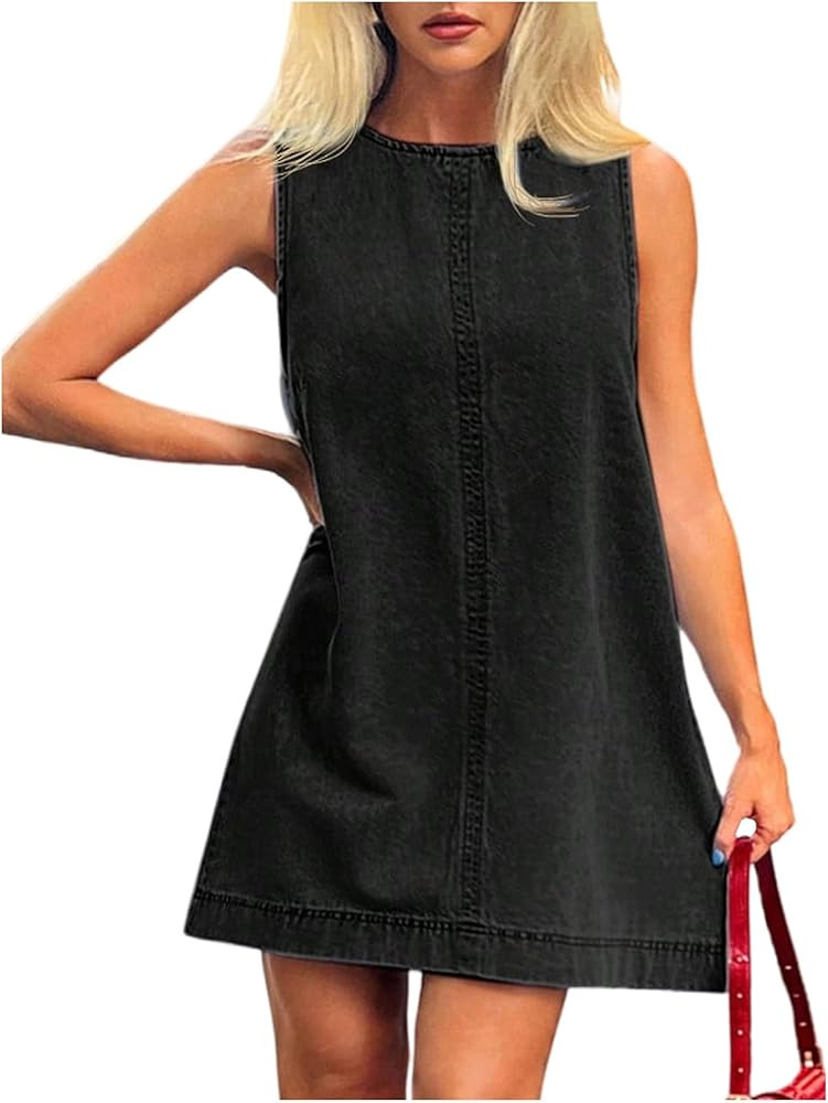 Milumia Women's A-Line Sleeveless Crew Neck Denim Dress Loose Casual Mini Jean Dresses | Amazon (US)