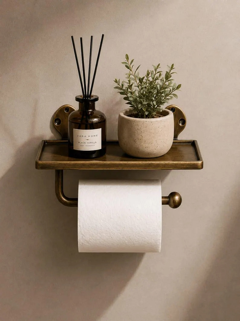 Metallic Toilet Paper Holder With Shelf : Wall Mounted Solid Metal Bathroom Tissue Role Stand | G... | Etsy (Global)