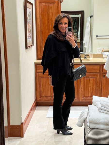 A quick fall outfit photo before I head out for dinner. 
Monochromatic look in black is always a good choice especially for petite ladies. 
Black cashmere sweater
Black wrap instead of a jacket
Black AG crop flare denim
Black reversible belt
Black booties
Black Chanel Handbag


#LTKover40 #LTKGiftGuide #LTKstyletip