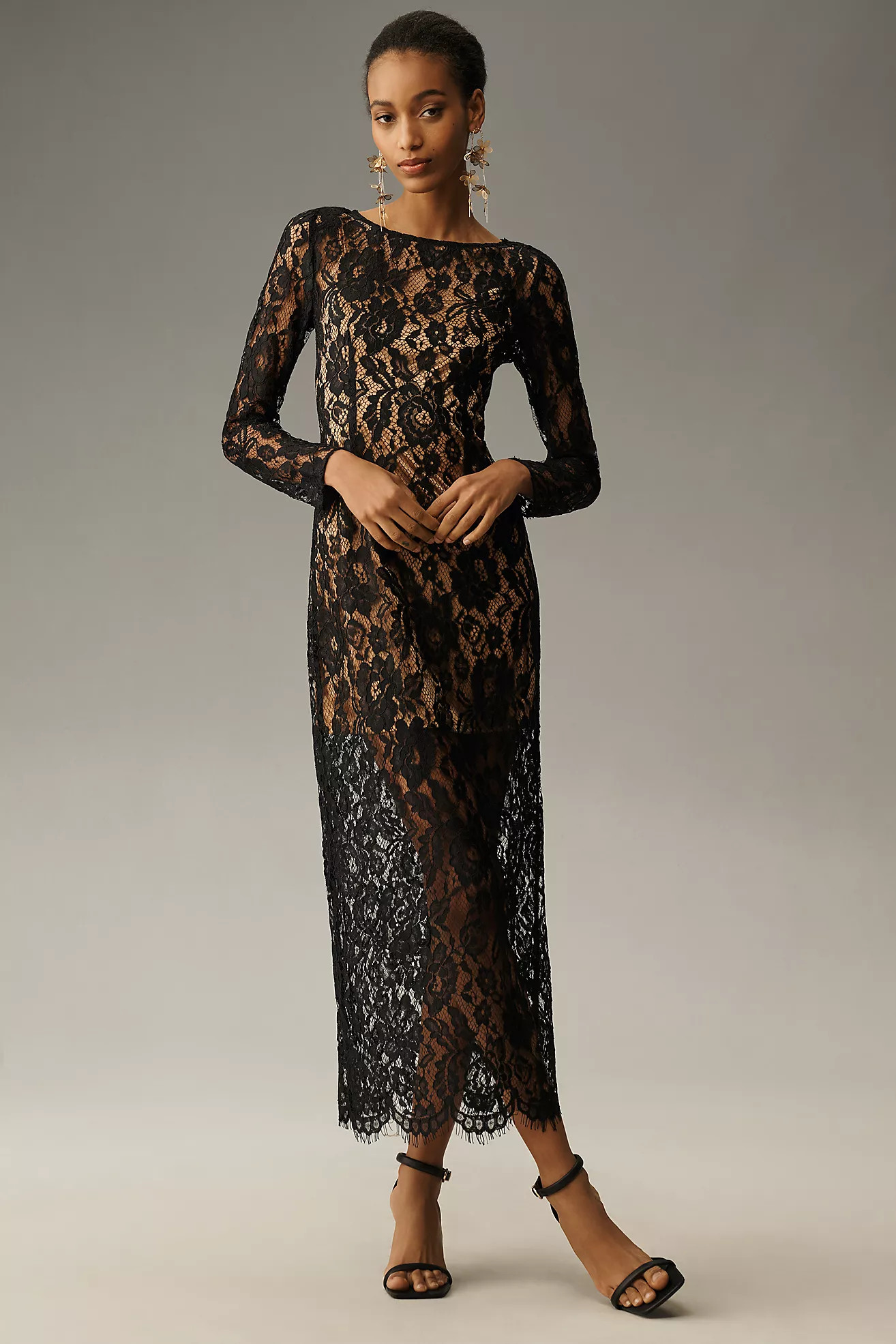 WAYF Long-Sleeve Boat-Neck Lace Midi Dress | Anthropologie (US)