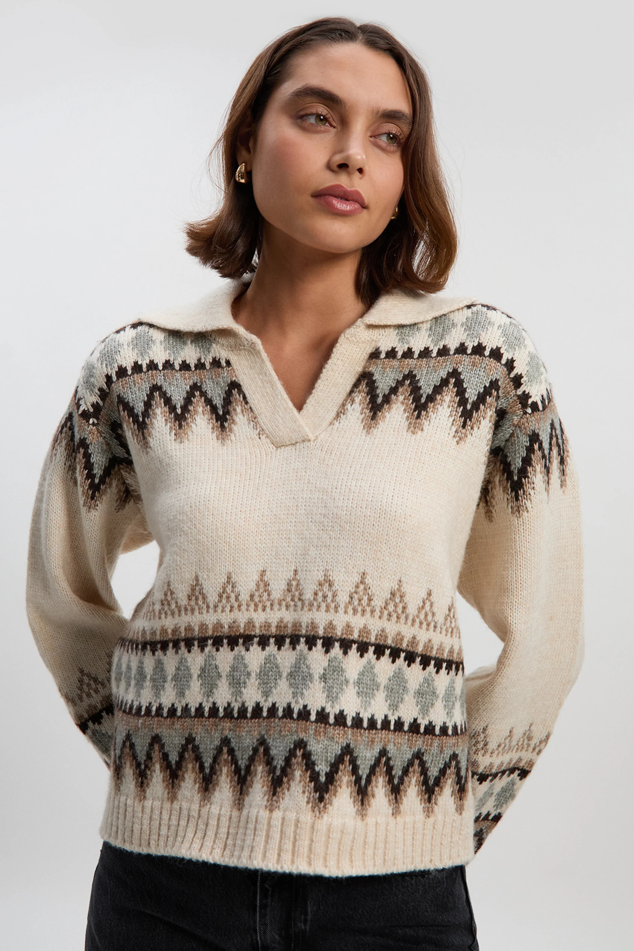 Fairisle Pattern V Neck Knit Sweater | Karen Millen US